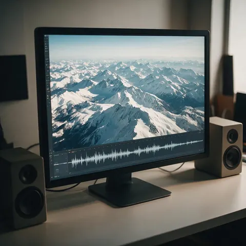 Editing desk with a mountain aerial and a long music waveform