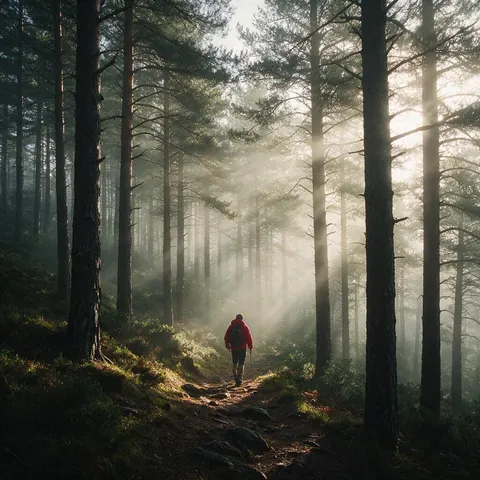 Misty pine forest with god rays and a hiker seen from behind