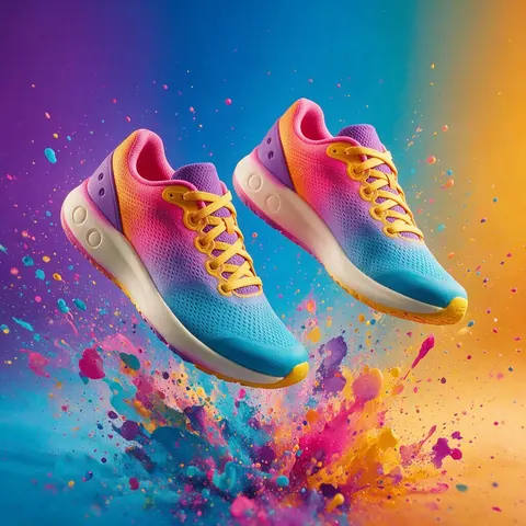Colourful unbranded running shoes floating over a bright gradient