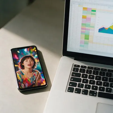 A phone with a video and a laptop with a spreadsheet, from one platform