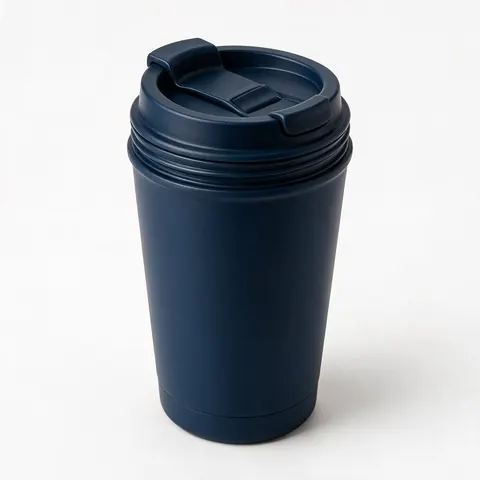 Navy travel mug centred on pure white, main-image style