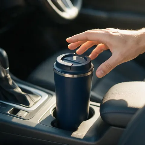 Lifestyle shot of a navy travel mug in a car cup holder