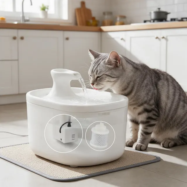 Pet water fountain usage shot: AI-generated lifestyle listing image: a cat drinking from a pet water fountain