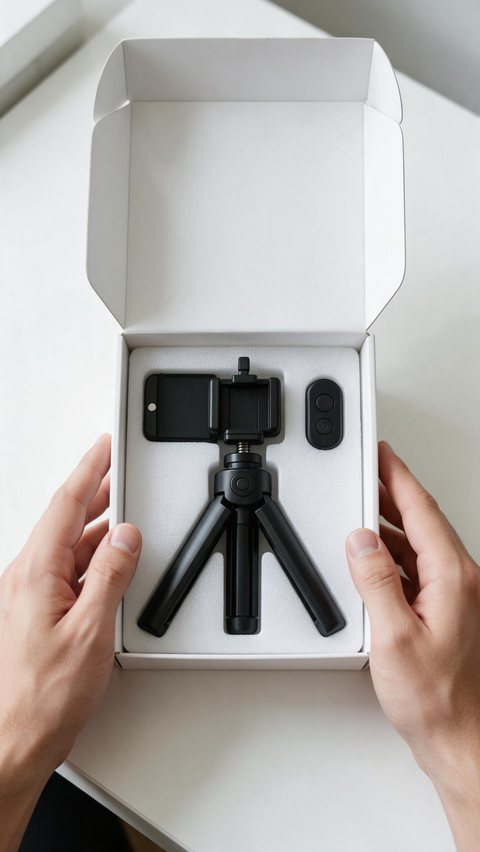 Phone tripod hands unboxing: AI-generated listing video: hands unbox a folding phone tripod on white