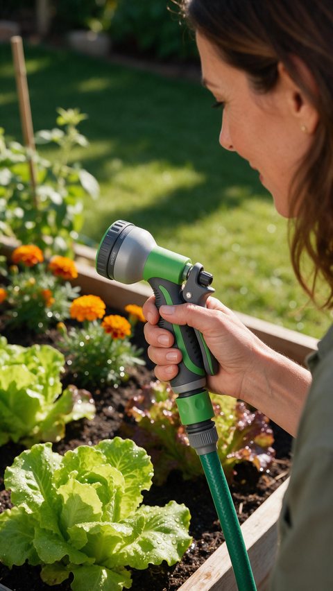 Hose nozzle garden lifestyle: AI-generated lifestyle listing video: a hose nozzle watering a garden bed