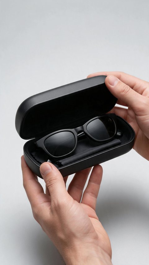 Sunglasses case ASMR: AI-generated ASMR listing video: hands open a sunglasses case on white