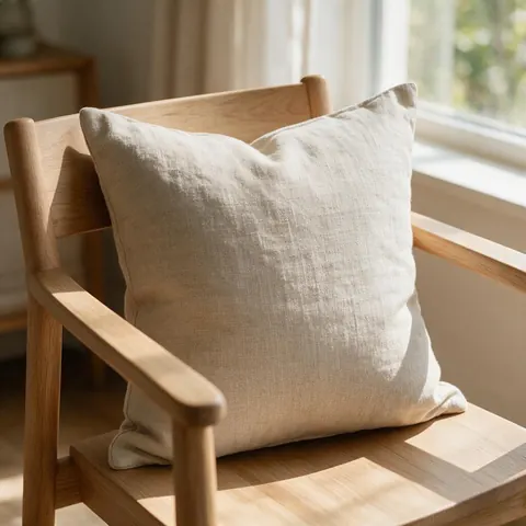 Oat linen pillow on a wooden armchair by a window