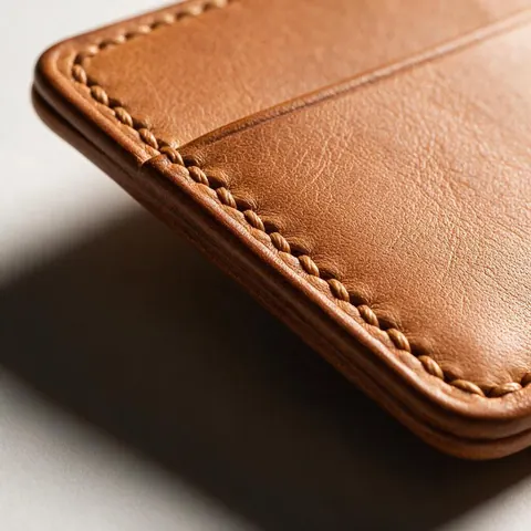 Macro detail of stitching on a tan leather wallet