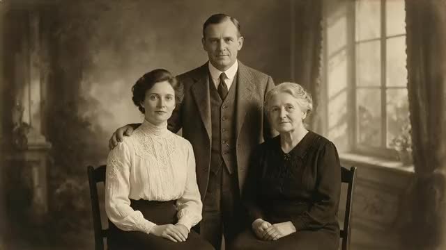 Looping clip: the sepia family portrait comes gently to life with a blink and a soft smile