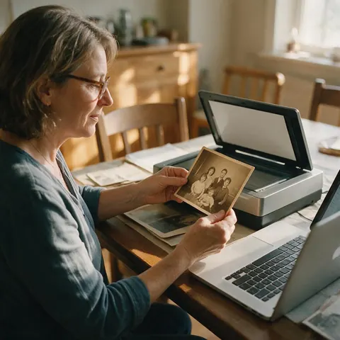 Woman at a dining table holding an old sepia photo next to a scanner and a laptop