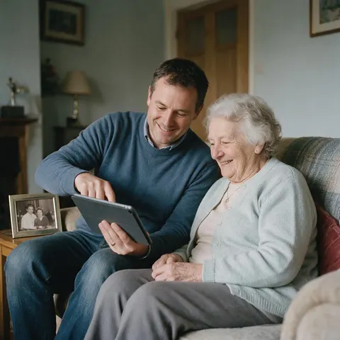 Man showing a tablet to an older woman on a sofa, a framed vintage photo nearby