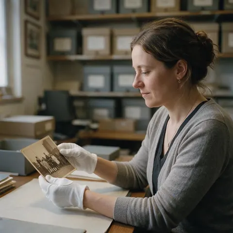 Archivist in cotton gloves holding a vintage photograph at a desk