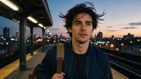 Photo of a young man in a bomber jacket on a train platform at dusk (before)