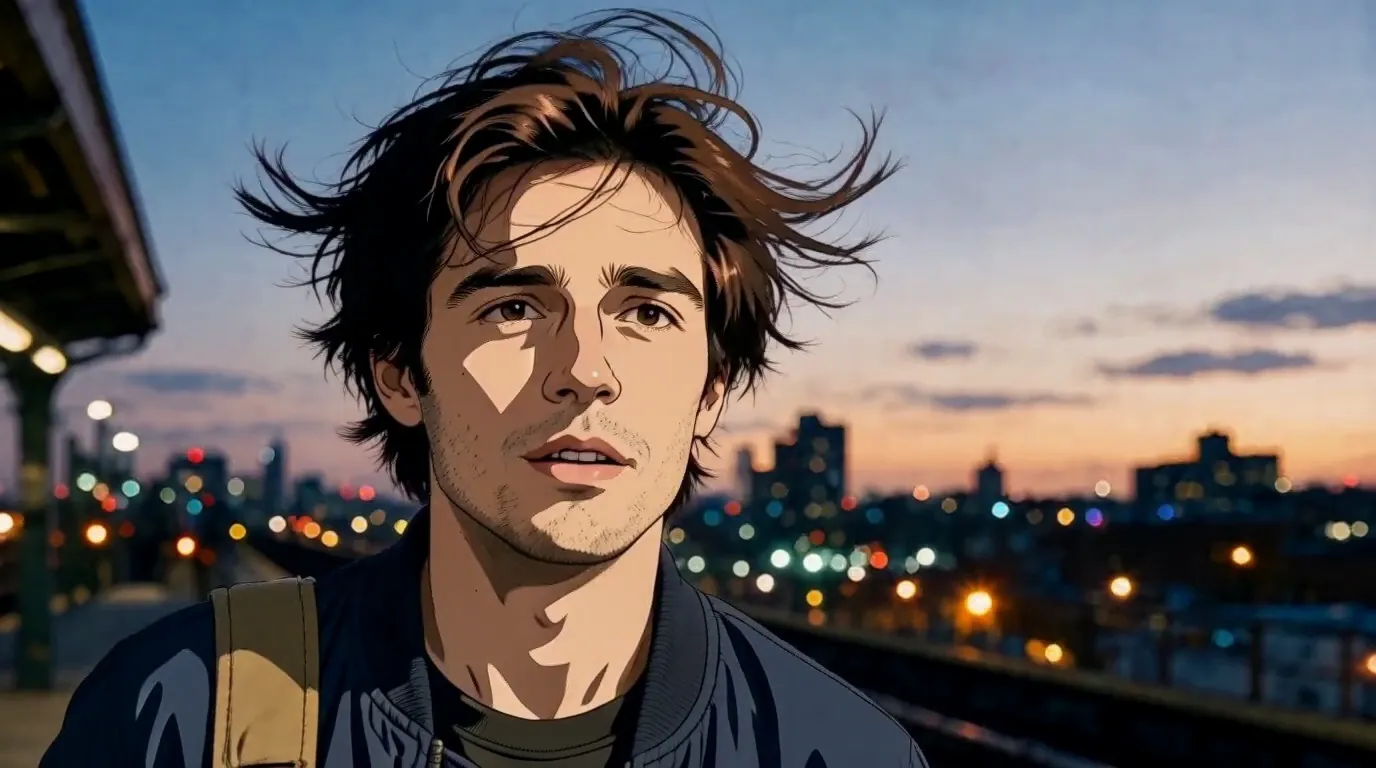 Photo of a young man in a bomber jacket on a train platform at dusk (after)