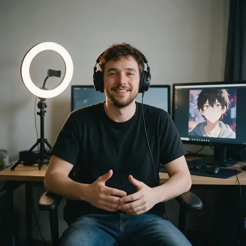 Streamer at a desk with an anime-style avatar on screen