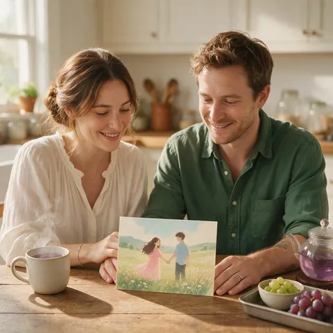 Couple looking at a printed card with a painted anime-style illustration
