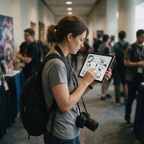 Photographer reviewing manga-style panels on a tablet