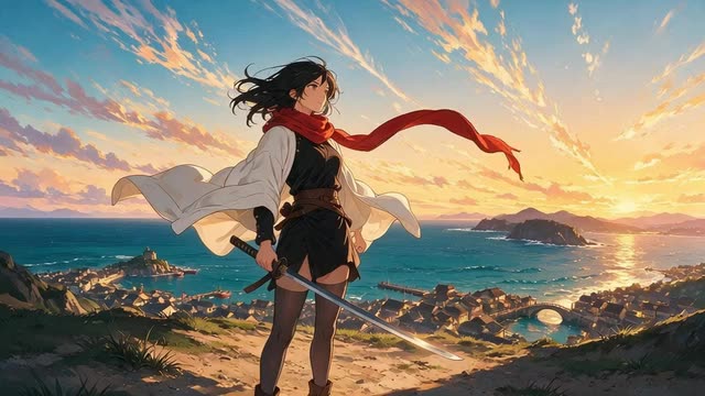 Looping anime clip: a swordswoman's red scarf streams in the wind above a seaside town