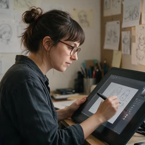 Animator drawing on a pen display in a small studio