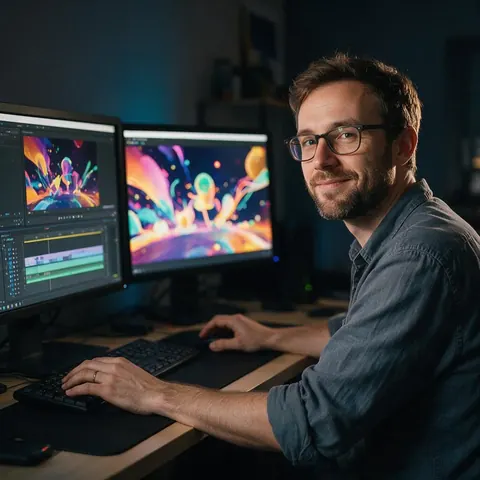 Video editor at a dual-monitor desk with colourful animation frames