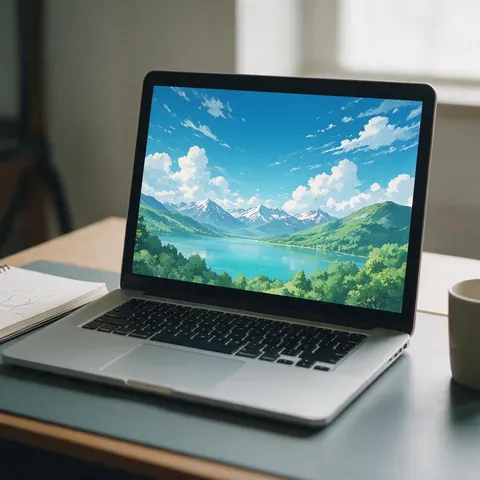Laptop showing an anime-style landscape beside a sketchbook