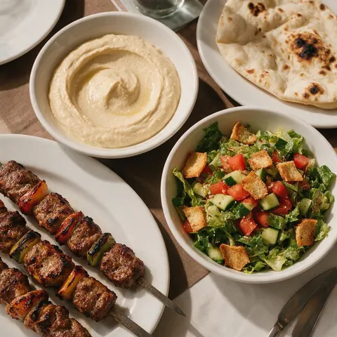Overhead table of hummus, fattoush, kebabs and flatbread