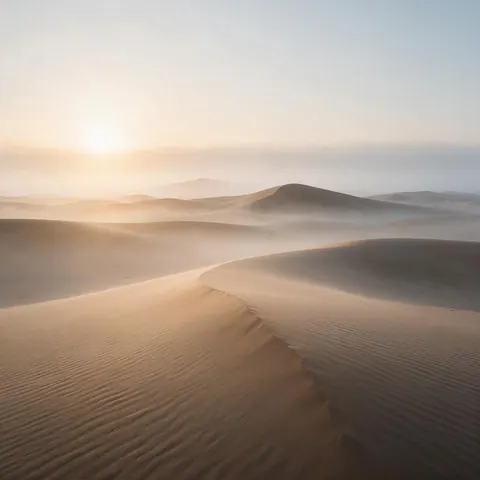 Misty desert dunes at sunrise