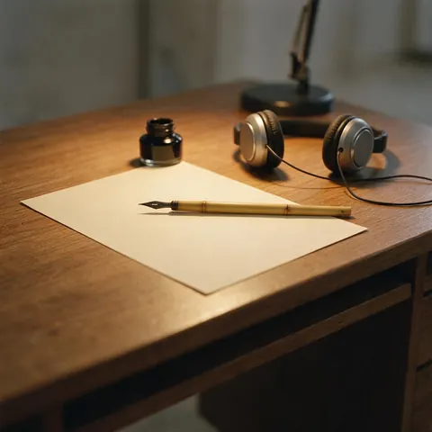 Reed pen, inkwell, blank paper and headphones on a desk