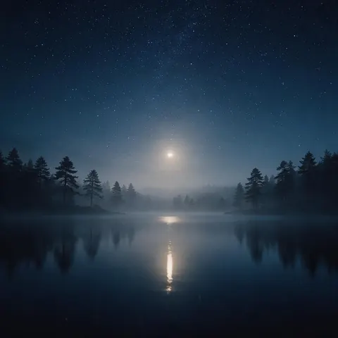 Calm lake at night under stars with a moon reflection