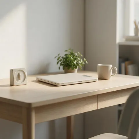 Minimal study desk with a timer, laptop, plant and mug