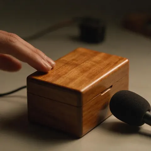 Fingertips tapping a wooden box beside a soft-foam microphone