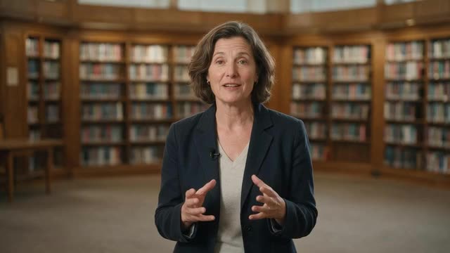 Looping clip of a woman speaking to camera in a library