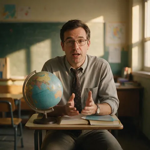 Language teacher speaking to camera at a classroom desk