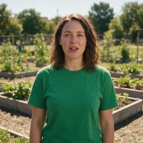 Volunteer speaking to camera in a community garden