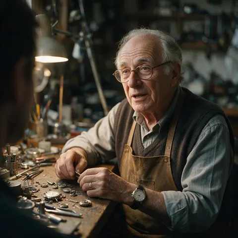 Retired watchmaker speaking at his workbench
