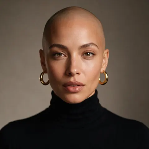 Woman in her 30s with a shaved head and gold hoops