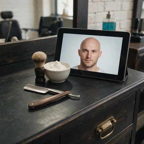 Shaving tools beside a tablet with a bald preview