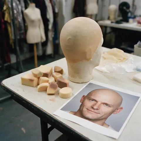 Bald cap on a mannequin head beside a printed preview