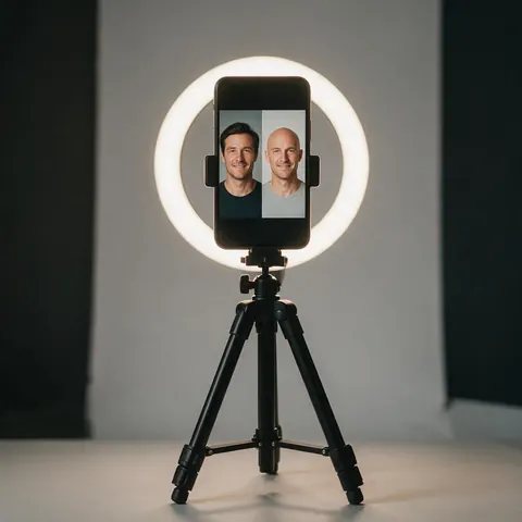 Phone on a tripod showing a hair and bald split-screen
