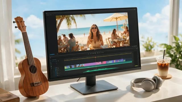 Sunny editing desk with a pulsing music track under a vlog clip