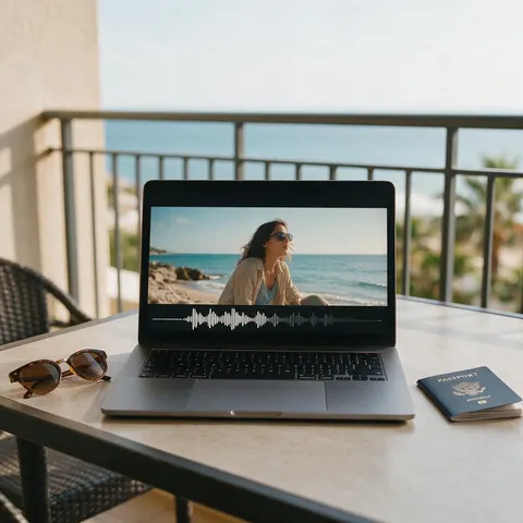 Laptop with a travel clip and a music track on a balcony table