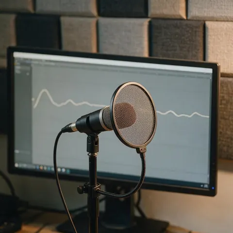 Podcast mic in front of a voice and music waveform