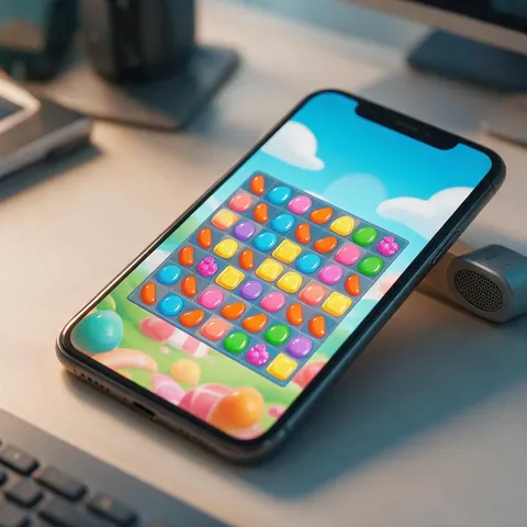 Phone showing a colourful cartoon puzzle game level