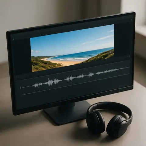 Timeline with a travel clip and a voice-over waveform