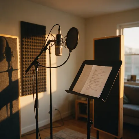 Home audiobook corner with a mic and a manuscript