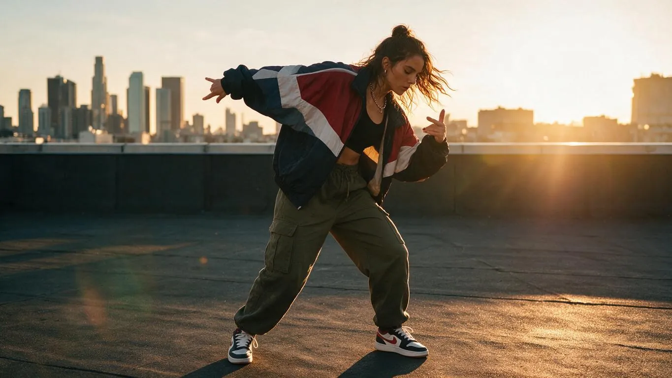 Woman in streetwear doing a hip-hop move on a sunset rooftop