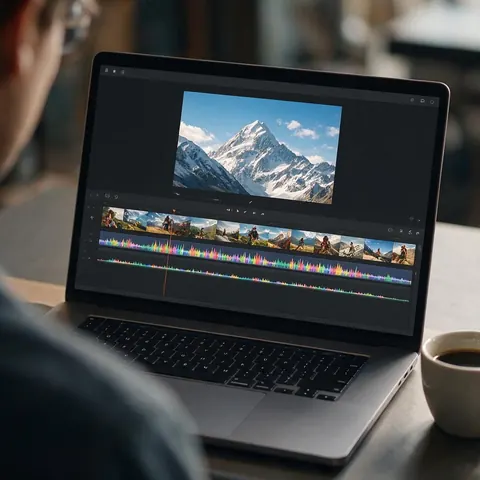 Video editing timeline with a song track under vlog clips