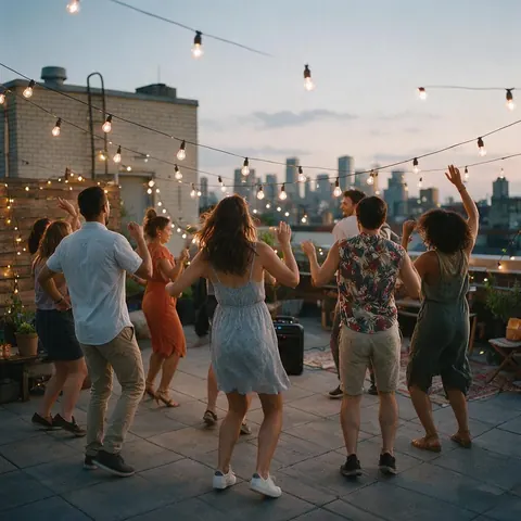 Rooftop party at dusk with string lights and a speaker