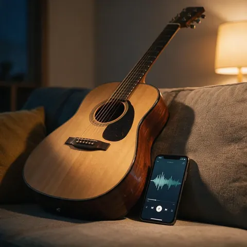 Acoustic guitar beside a phone playing a generated song