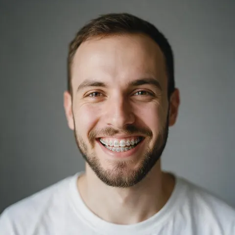Man in his 30s smiling with clear ceramic braces